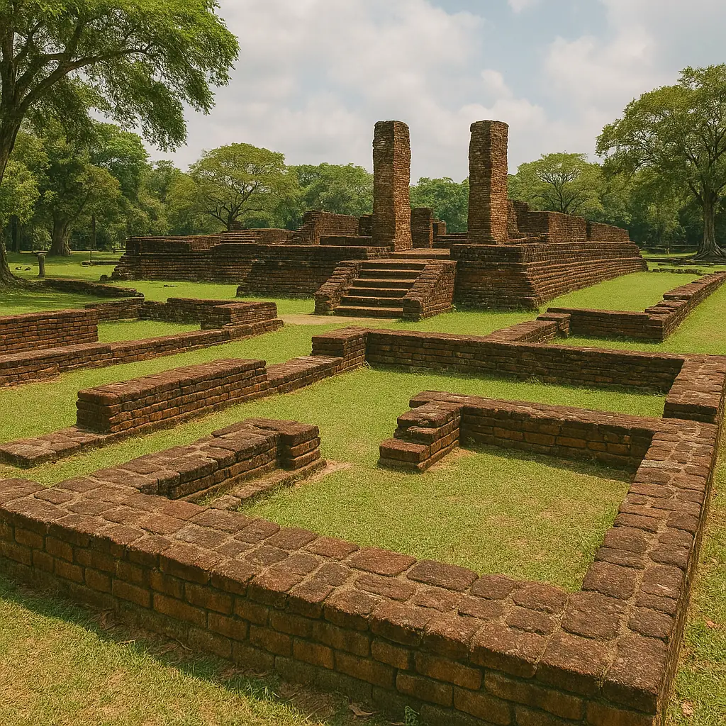 Brick foundations and dagoba ruins at Panduwasnuwara archaeological site