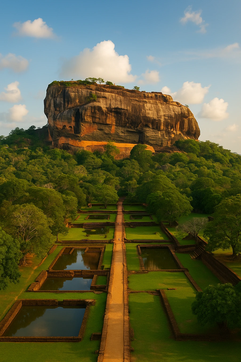 Sigiriya Lion Rock fortress above water gardens